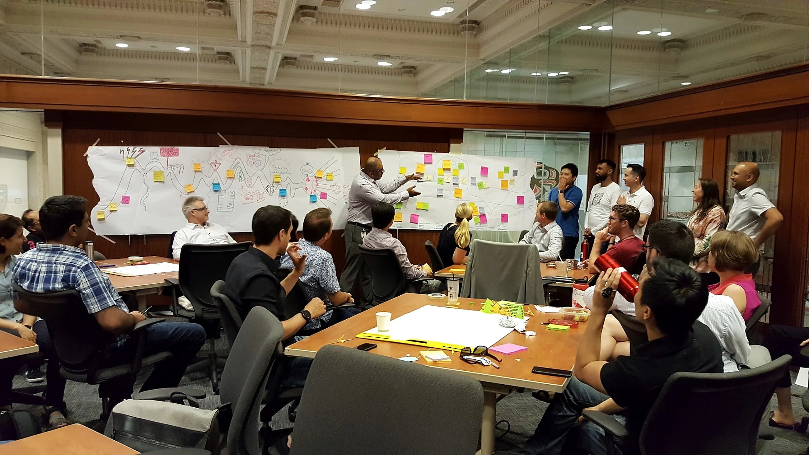 A facilitator at a wall of working paper, a seated group of participants turned toward him